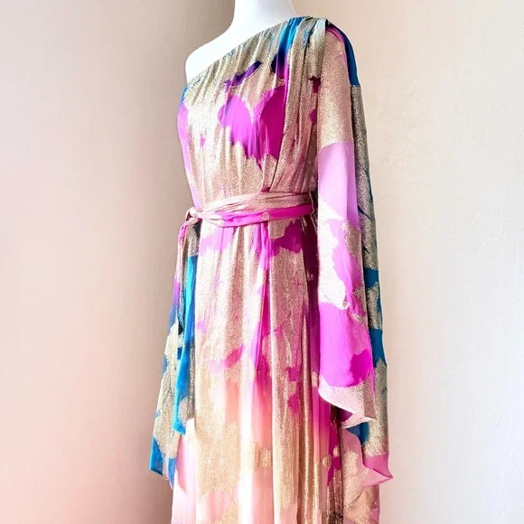 Halston Nisa Gown Printed Fil Coupe Fuschia Turquoise Gold One-Shoulder Dress 4 - Picture 5 of 16